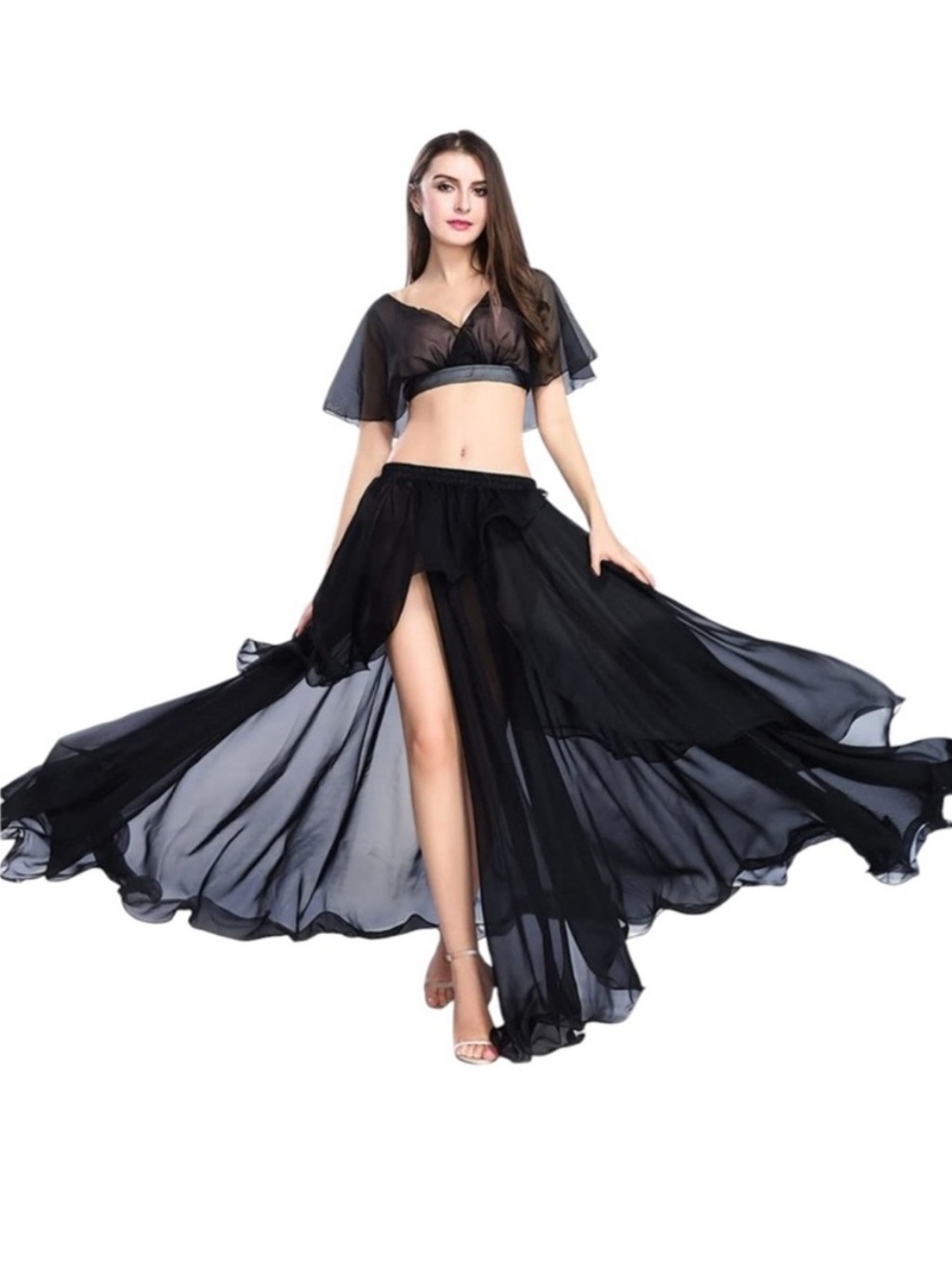 NWT Belly Dancing Costume Set — Top and Flowing Black Maxi Skirt with High Slit